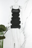 Black Sexy Street Party Solid Cross Straps Reflective Spaghetti Strap One Step Skirt Dresses