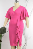 Розово-красная повседневная однотонная лоскутная оборка Асимметричная юбка с V-образным вырезом Платья больших размеров