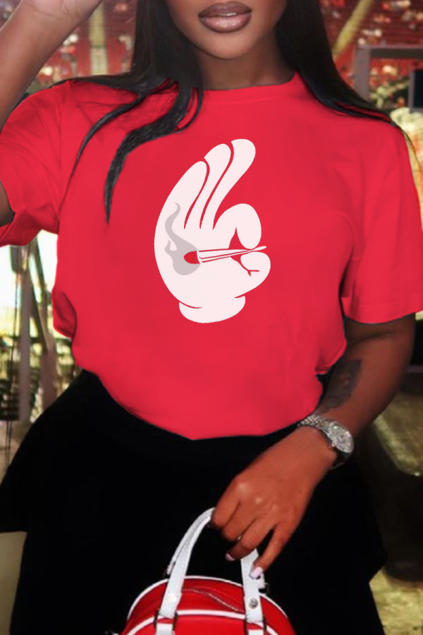 Camisetas con cuello en O de patchwork con estampado casual rojo