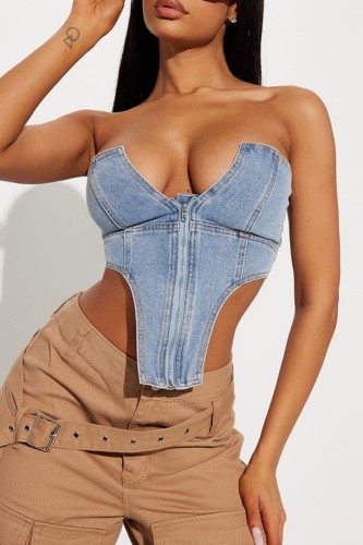 Blå sexig solid rygglös asymmetrisk axelbandslös jeanströjor