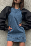 Azul Negro Street Color Lump Patchwork Botones O Cuello Manga larga Regular Vestidos de mezclilla