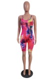 Rose Rouge Sexy Casual Print Tie Dye Backless Spaghetti Strap Skinny Romper