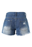 Shorts jeans skinny azul com estampa casual patchwork cintura média