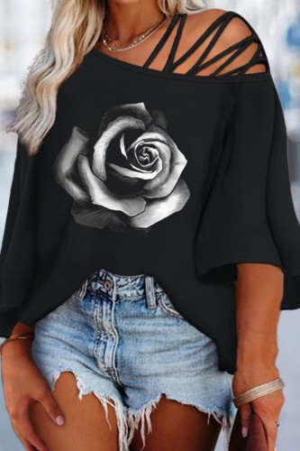 Svart Casual Print Patchwork Oblique Collar Plus Size Toppar