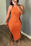 Tangerine Red Sexy Solid Patchwork See-through Slit O Neck Long Dress Robes
