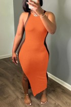 Tangerine Red Sexy Solid Patchwork See-through Slit O Neck Long Dress Dresses
