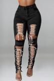 Black Casual Solid Hollowed Out Frenulum High Waist Criss Cross Bow Tie Destroyed Skinny Denim Jeans