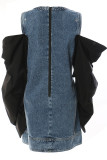 Blau-schwarze Street-Color-Klumpen-Patchwork-Knöpfe, O-Ausschnitt, lange Ärmel, normale Denim-Kleider