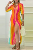 Vestidos compridos com gola em patchwork estampados coloridos casuais