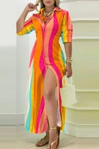 Kleur casual print patchwork overhemd kraag lange jurk jurken