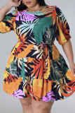 Red Casual Print Bandage Patchwork O Neck A Line Plus Size Dresses