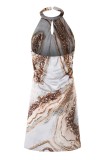 White Casual Print Hollowed Out Backless Halter Sleeveless Dress Dresses