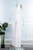 White Sexy Casual Work Solid Slit Mesh V Neck Loose Jumpsuits