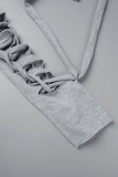 Grijze Sexy Casual Street Solid uitgeholde Slit Strap Design U-hals Jurken met lange mouwen