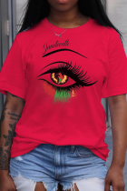 Camisetas casuais vermelhas Street Eyes estampadas patchwork com decote O