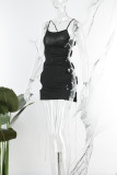 Vestidos de festa de rua sexy pretos com alças cruzadas reflexivas alças espaguete vestidos de um degrau