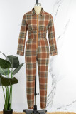 Orange Casual Plaid Print Patchwork Turndown Collar Regular Jumpsuits (Subject To The Actual Object)