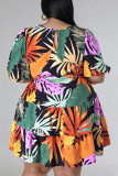 Jaune Casual Print Bandage Patchwork O Neck A Line Plus Size Robes