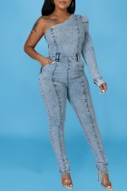 Baby Blue Casual Solid Patchwork Backless Oblique Collar Long Sleeve Regular Denim Jumpsuits