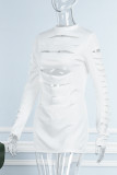 White Sexy Solid Hollowed Out O Neck Long Sleeve Dresses