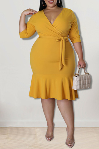 Gold Casual Solid Bandage Patchwork Flounce V Neck Straight Plus Size Dresses