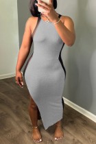 Grey Sexy Solid Patchwork See-through Slit O Neck Long Dress Dresses