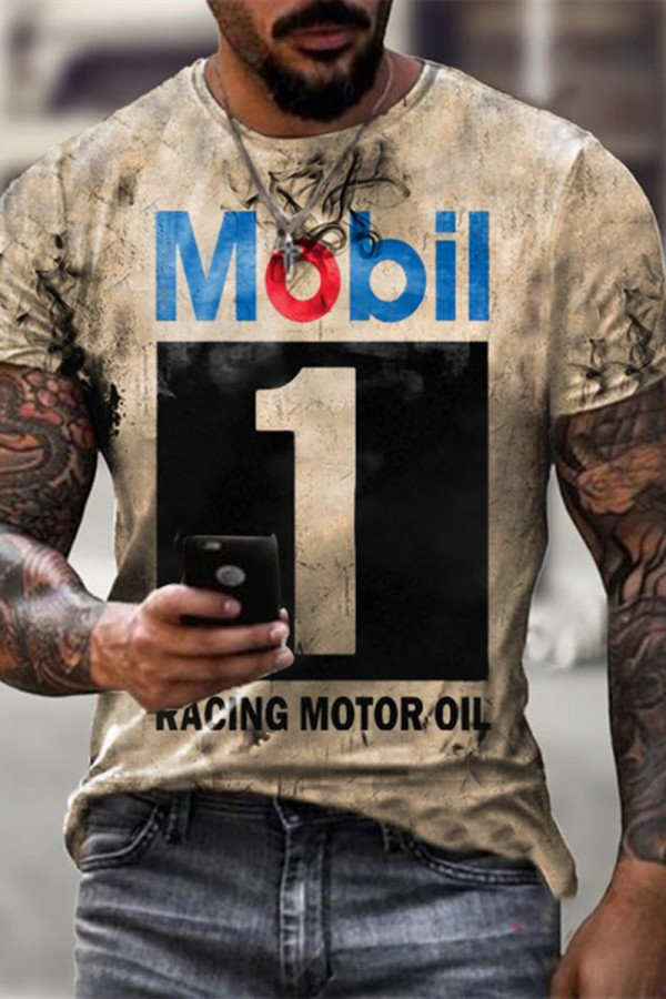 Camiseta con estampado de insignia de aceite Vintage Motor Mobil 1 para hombre de color caqui