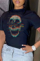 Camisetas informales con estampado de calle y cuello en O de cintura media negro