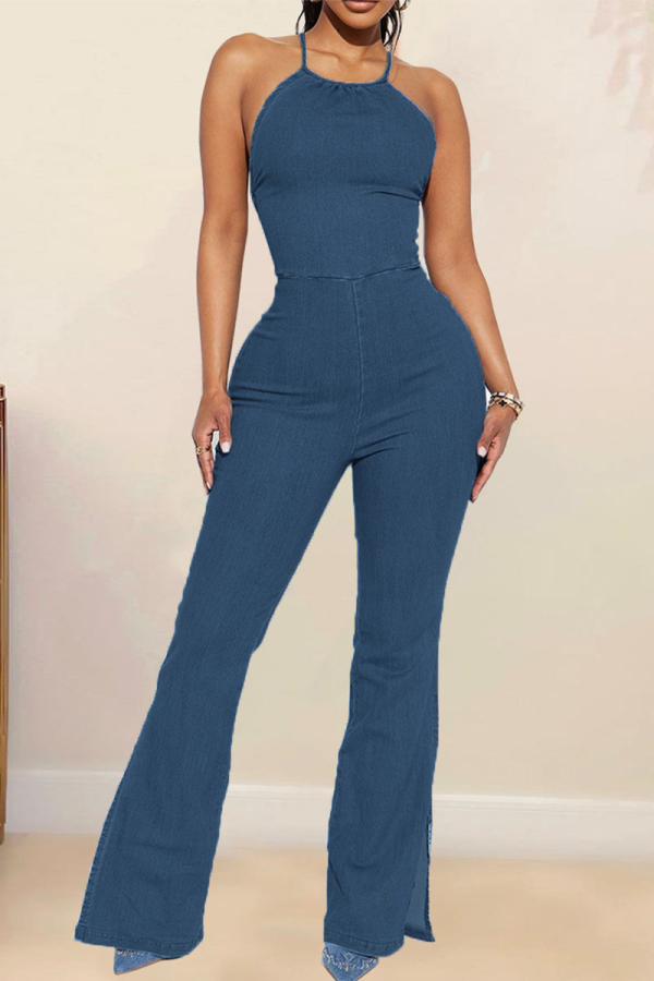 The cowboy blue Sexy Casual Street Solid Backless Strap Design Halter sem mangas cintura alta Macacão jeans regular