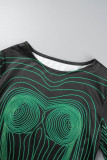Green Sexy Street Punk Print O Neck High Waist T-Shirts