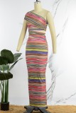 Цветное сексуальное повседневное элегантное полосатое платье с разрезом и косым воротником