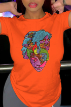 Oranje dagelijkse vintage print patchwork T-shirts met ronde hals