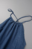 Ковбойский синий сексуальный повседневный уличный однотонный джинсовый комбинезон с открытой спиной и разрезом на бретельках, без рукавов с высокой талией