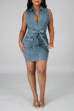 Baby Blue Casual Work Patchwork Pocket Frenulum Turndown Collar Sleeveless Mid Waist Skinny Denim Dresses(With Belt)