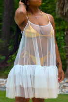 Белые сексуальные однотонные лоскутные прозрачные платья трапециевидной формы на тонких бретелях