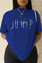 Camisetas con cuello en O de letras de retazos con estampado diario casual azul marino