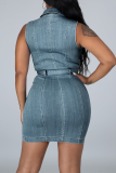Baby Blue Casual Work Patchwork Pocket Frenulum Turndown Collar Sleeveless Mid Waist Skinny Denim Dresses(With Belt)