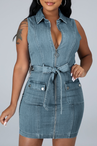 Baby Blue Casual Work Patchwork Pocket Frenulum Turndown Collar Sleeveless Mid Waist Skinny Denim Dresses(With Belt)