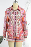 Peacock Blue Casual Print Patchwork Buckle Turndown Collar Long Sleeve Two Pieces
