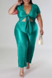 Green Casual Solid Frenulum V Neck Plus Size Two Pieces