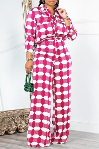 Rose Red Casual Print Patchwork Turndown Collar Long Sleeve Two Pieces
