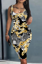 Vestidos de falda de lápiz con cuello en U de patchwork con estampado de calle amarillo negro