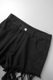 Red Street Solid Patchwork Knotted High Waist Regular Denim Shorts