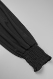 Patchwork uni décontracté noir avec ceinture sur l'épaule à manches longues deux pièces (avec une ceinture)