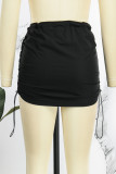 Black Casual Solid Patchwork Draw String Regular Low Waist Pencil Solid Color Bottoms