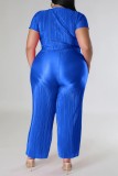 Azul Casual Sólido Frenulum Decote em V Plus Size Duas Peças