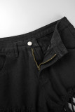 Deep Blue Street Solid Patchwork Knotted High Waist Regular Tassel Denim Shorts