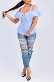 Blu Casual Solid Backless Off the Shoulder Top