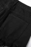 Deep Blue Street Solid Patchwork Knotted High Waist Regular Tassel Denim Shorts