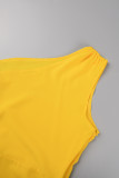 Vestiti irregolari dal vestito dal collare obliquo asimmetrico solido sexy giallo della rappezzatura